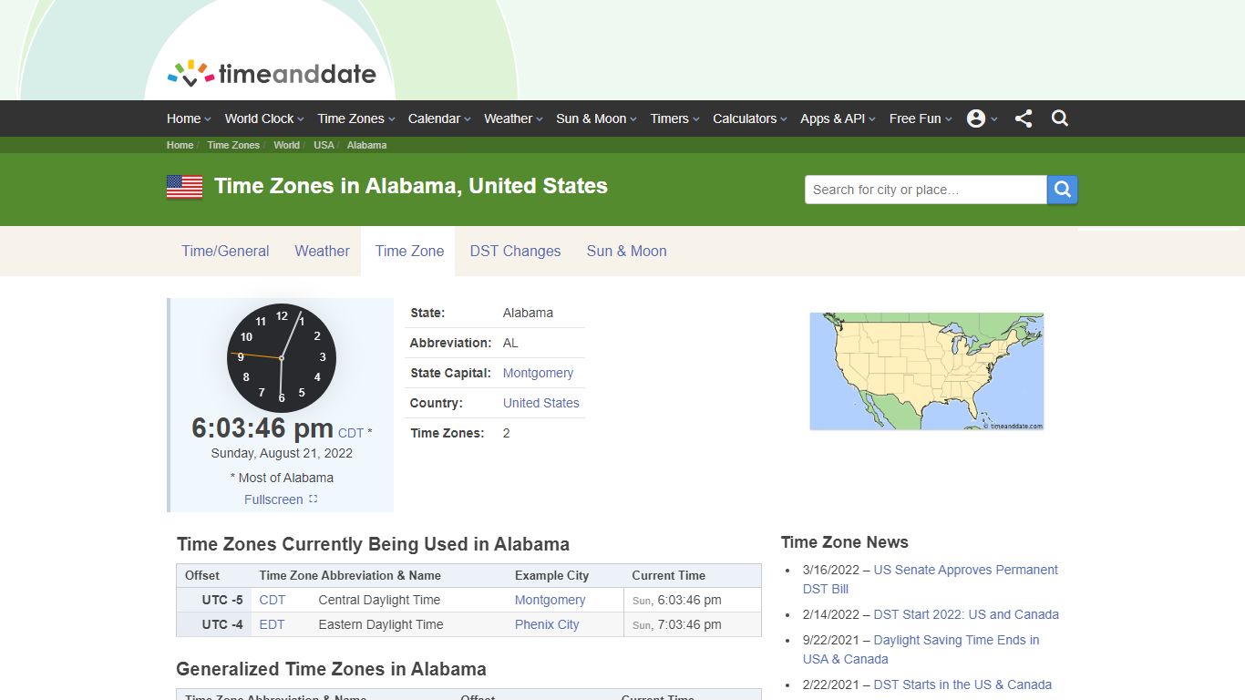 Time Zones in Alabama, United States - Time and Date